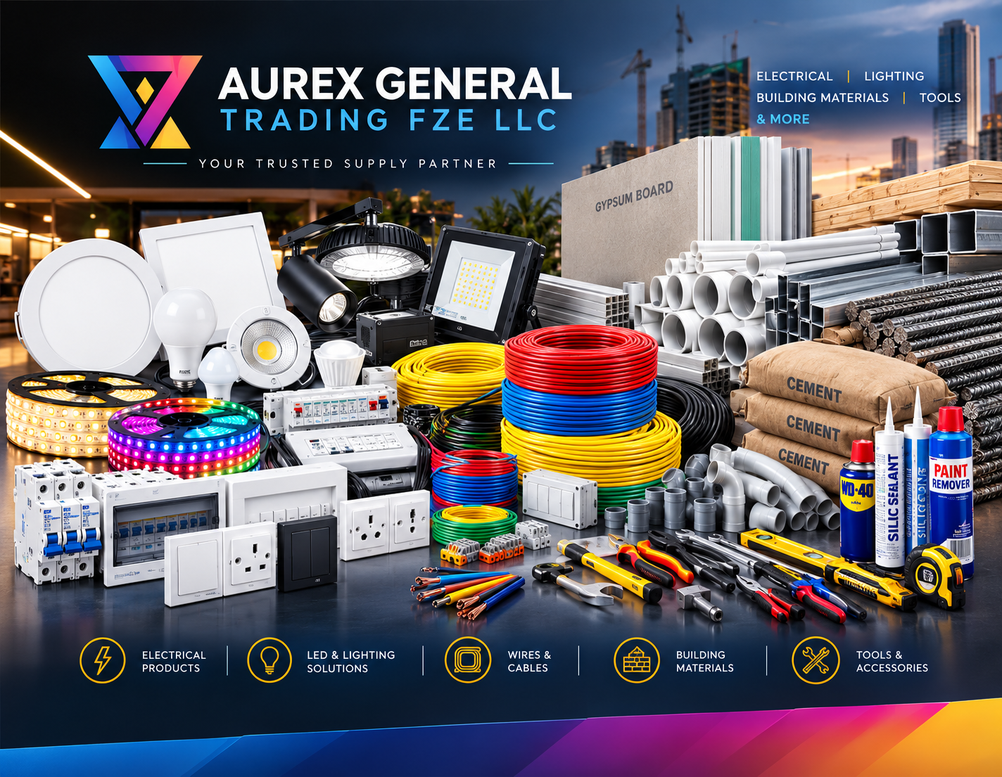 Electrical cables, wires and circuit breakers supplied by Aurex General Trading in the UAE